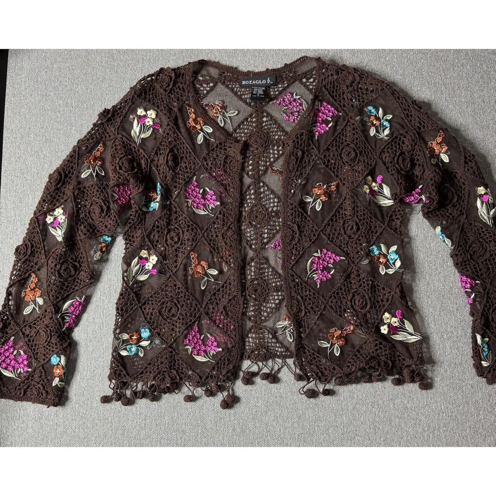 Bozaglo Women's Brown Crochet Open Front Sweater With Pink Floral Size Medium